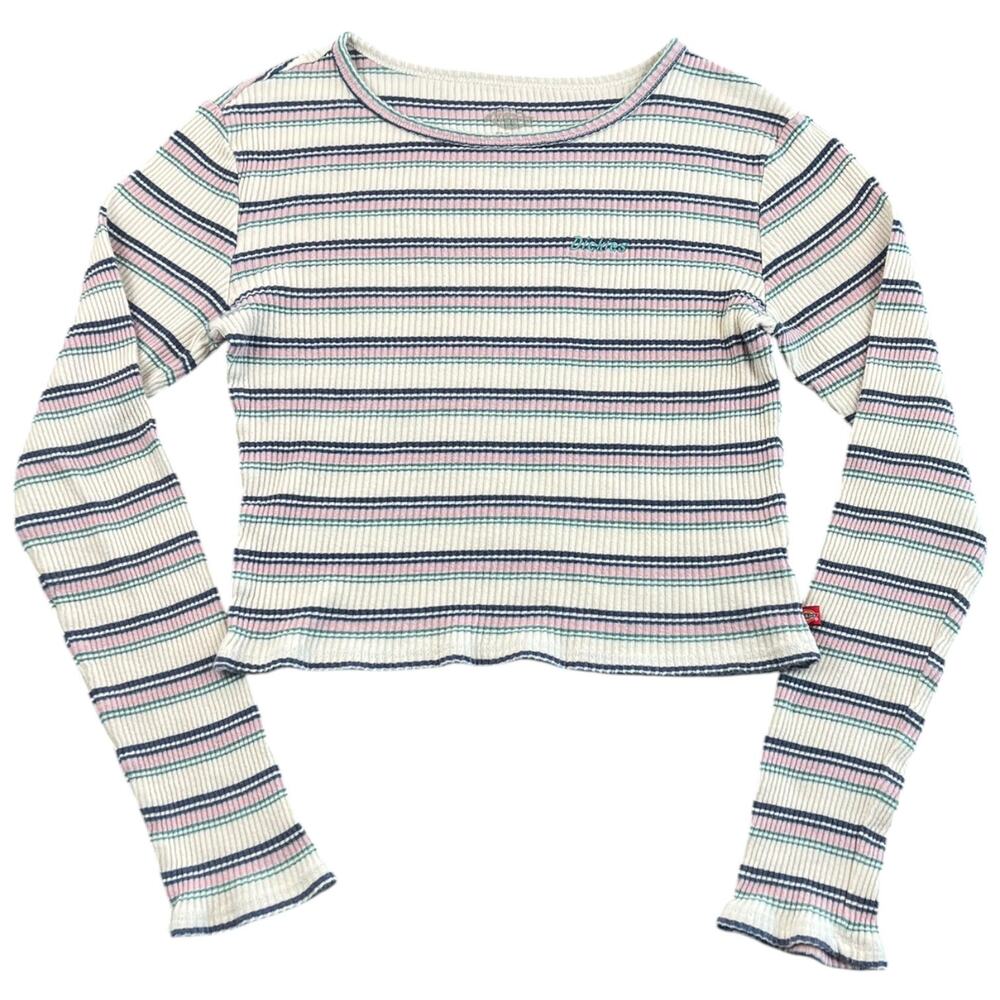 Vintage Y2K Dickies Striped Ribbed Long Sleeve Baby Tee Embroidered Women’s M